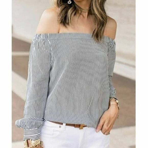 CAbi 5258 Black & White Striped Silk Brigitte Off the Shoulder Blouse - Picture 1 of 9